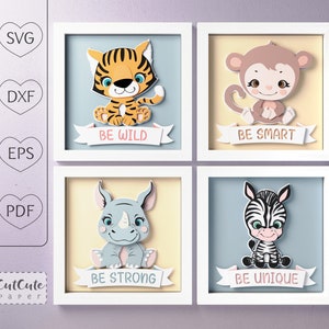 Minipaquete n.° 1 de plantillas SVG para cajas de sombras de animales de safari, arte de pared para guardería en SVG 3D, regalo para baby shower, tigre, mono, cebra y rinoceronte