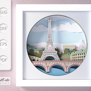 Plantilla de caja de sombras SVG de París, caja de sombras SVG 3D, corte de papel de cartulina en capas para Cricut, Torre Eiffel, Pont Neuf, Arco del Triunfo, Monumentos