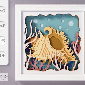 Plantilla SVG Sea Shell Shadow Box, 3D SVG Sea Life Shadowbox, decoración de pared de casa de playa DIY, corte de papel de concha de mar de cartulina en capas para Cricut