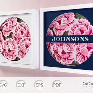 Plantilla SVG de caja de sombras con flores de peonía, caja de sombras con arte de pared con corte de papel en capas florales para Cricut y Silhouette, regalo de bricolaje para ella