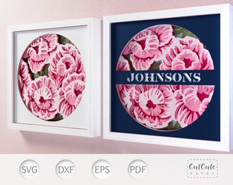 SVG-sjabloon Peony Shadow Box: bloemen papier gesneden muurkunst (doe-het-zelfcadeau)