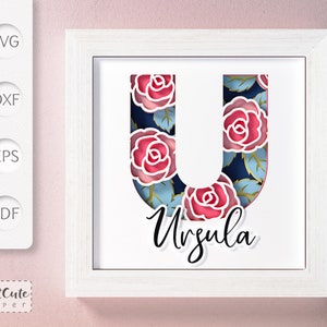 Plantilla SVG de caja de sombra con monograma floral letra U, decoración de pared recortada en papel en capas personalizable con SVG 3D, archivos de corte Sadowbox