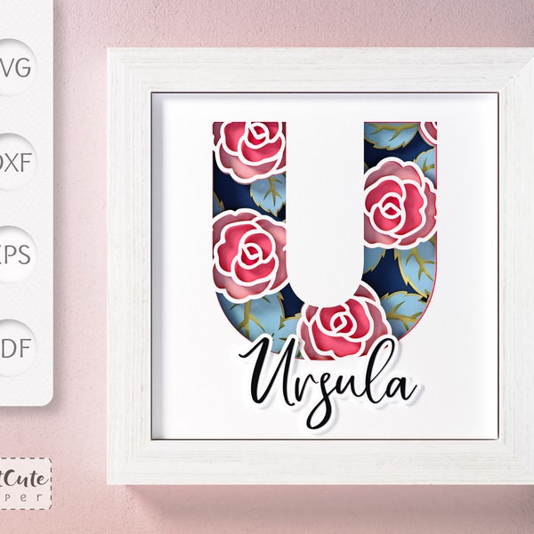 Shadow Box SVG Template with Floral Monogram Letter U , 3D SVG diy Customizable Layered Paper Cut Wall Decor, Sadowbox Cut Files Shadow Box SVG Template with Floral Monogram Letter U , 3D SVG diy Customizable Layered Paper Cut Wall Decor, Sadowbox Cut Files