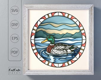 Mallard Duck Lake SVG | Layered Paper Cut Bird Shadow Box | Wildlife Cardstock Craft Template