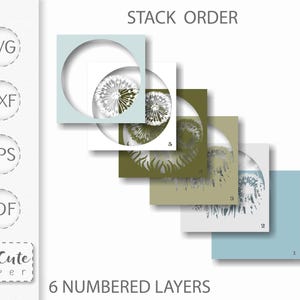 May include: A layered paper craft design with a dandelion theme. The image shows six numbered layers in shades of blue, green, and white, with the text "STACK ORDER" and "6 NUMBERED LAYERS". The design includes SVG, DXF, EPS, and PDF file formats.