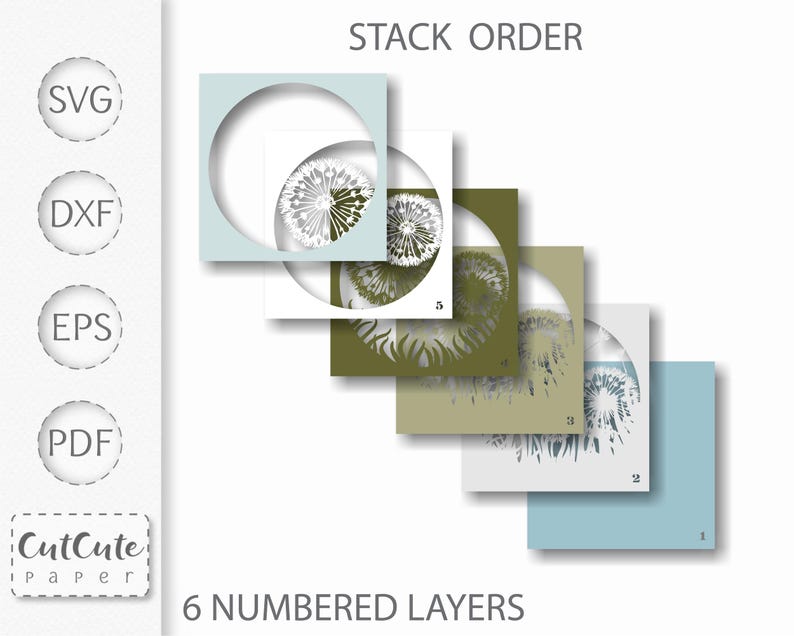 May include: A layered paper craft design with a dandelion theme. The image shows six numbered layers in shades of blue, green, and white, with the text "STACK ORDER" and "6 NUMBERED LAYERS". The design includes SVG, DXF, EPS, and PDF file formats.