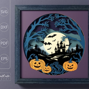 Modèle de boîte fantôme Spooky Pumpkin Town SVG, couches de papier découpé, boîte fantôme d'art mural Halloween pour Cricut et Silhouette, décoration d'intérieur bricolage
