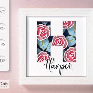 Plantilla SVG de caja de sombra con monograma floral letra H, decoración de pared recortada en papel en capas personalizable con SVG 3D, archivos de corte Sadowbox