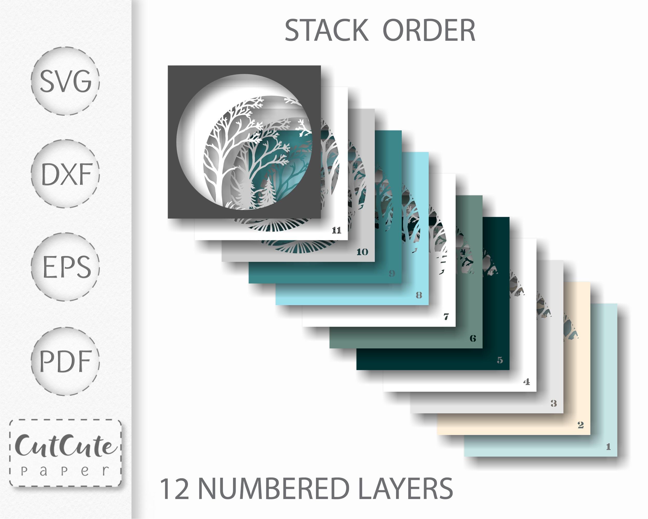 冬の風景シャドーボックス SVG バンドル: 雪に覆われた木々、滝 (3