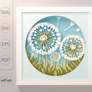 Paardebloemen SVG Shadow Box-sjabloon, 3D SVG-papier ambacht, gelaagd kartonproject voor Cricut, wensbloem wanddecor, doe-het-zelf muurkunst cadeau