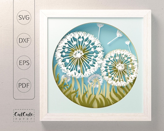 Dandelions SVG Shadow Box Template, 3D Layered Papercut (svg, dxf, pdf, eps)