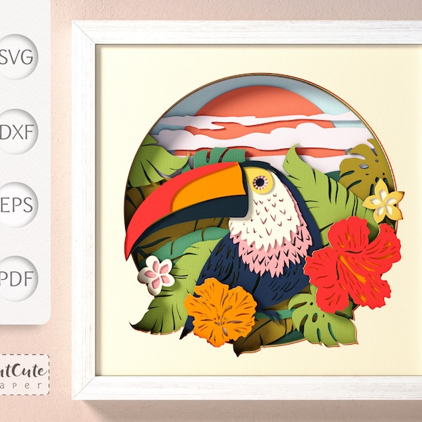 Toucan SVG Shadow Box Template, Tropical Bird Flowers and Leaves, 3D SVG Shadowbox, Layered Cardstock Project for Cricut