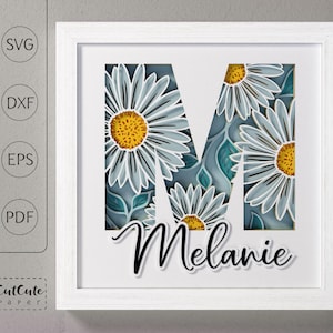 Plantilla SVG de caja de sombra con monograma floral letra M, decoración de pared recortada en papel en capas personalizable DIY con SVG 3D, archivos de corte de caja de sombra de margaritas