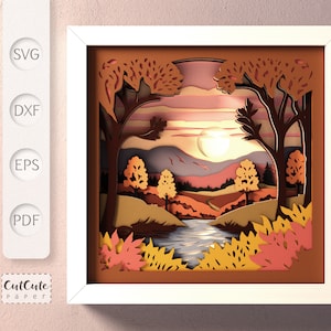 Plantilla SVG de caja de sombras de paisaje de otoño, caja de sombras de otoño SVG 3D, decoración de pared de bricolaje, proyecto de cartulina en capas para Cricut