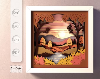 Fall Landscape Shadow Box SVG Template, 3D SVG Autumn Shadow Box, DIY Wall Décor, Layered Cardstock Project for Cricut