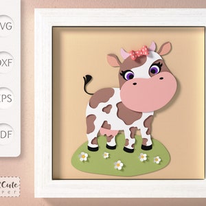 Happy Cow Shadow Box SVG-sjabloon, gelaagde SVG gelaagde kinderkamer muur kunst boerderij dieren decoratie, DIY kinderkamer decor