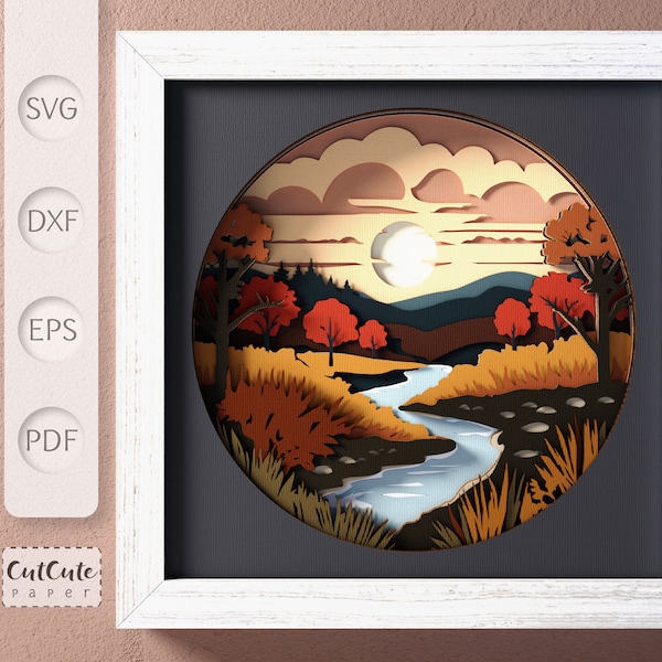 Fall Shadow Box SVG Template, 3D SVG Autumn Valley Shadow Box, DIY Wall Décor, Layered Cardstock Project for Cricut