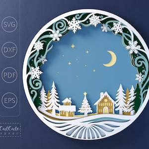 Modèle de décoration murale guirlande de Noël SVG Shadow Box papier cartonné, projet d'artisanat en papier 3D paysage enneigé pour Cricut, décorations de fête d'hiver