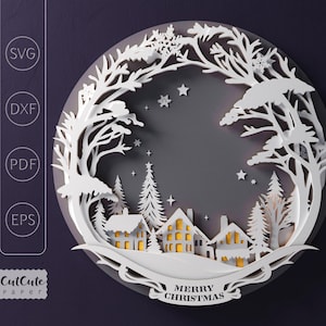 Kerstkrans SVG-karton muurdecoratie sjabloon, 3D kerstlandschap papier ambachten project voor Cricut, feestelijke winterdecoraties