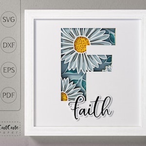 Plantilla SVG de caja de sombra con monograma floral letra F, decoración de pared recortada en papel en capas personalizable DIY con SVG 3D, archivos de corte de caja de sombra de margaritas
