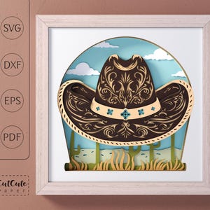 May include: A brown cowboy hat with a decorative design, set against a blue sky with clouds. The hat is framed by a white frame and a brown background.