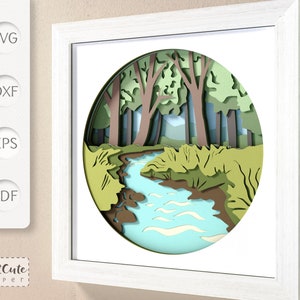 River Landscape Shadow Box SVG Template, 3D SVG Shadowbox, DIY Cabin Wall Decor,, Layered Cardstock Paper Cut for Cricut & Silhouette