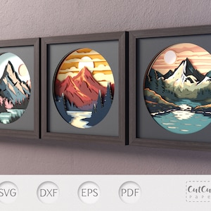 Mountain Lake Sunset Shadow Box bundel, 3D SVG Shadowbox 3 sjablonen, DIY cabine wanddecoratie, papierproject voor Cricut