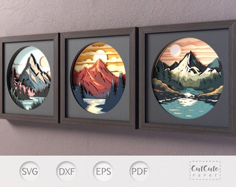 Mountain Lake Sunset Shadow Box Bundle, 3D SVG Shadowbox 3 Templates, DIY Cabin Wall Décor, Paper Project for Cricut