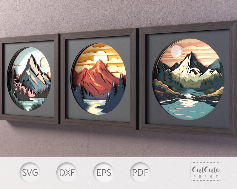 Mountain Lake Sunset Shadow Box Bundle, 3D SVG Shadowbox