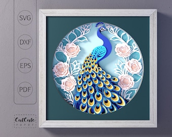 May include: A blue and green peacock with its tail feathers spread out in a circle. The peacock is surrounded by white flowers and leaves on a light blue background.