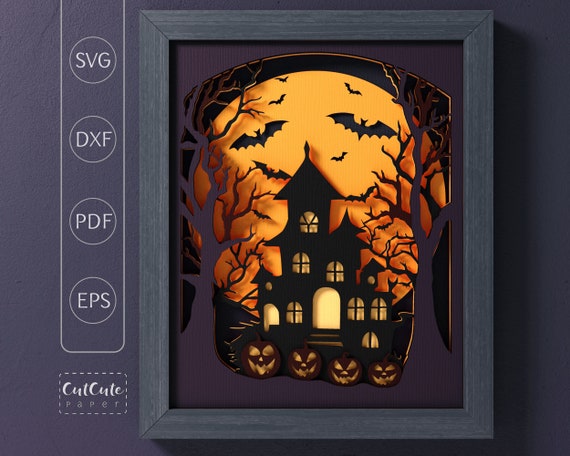 Spooky House Halloween Shadow Box Template, Layered Paper Cut (svg, dxf, pdf, eps)