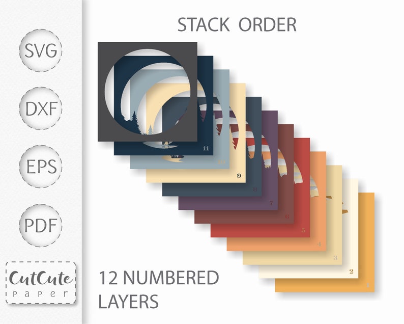 May include: A stack of 12 numbered layers of paper, each with a different color and design, showing a sunset scene with mountains and trees. The top layer is black with a circular cut-out. The text "STACK ORDER" is at the top of the image and "12 NUMBERED LAYERS" is at the bottom.