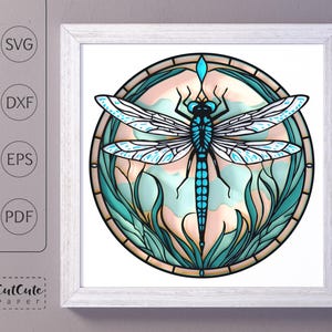 Gebrandschilderd glas Dragonfly SVG Shadow Box sjabloon, Dragonfly 3D SVG Shadowbox, Cardstock Paper Project voor Cricut, Art Nouveau DIY wanddecoratie