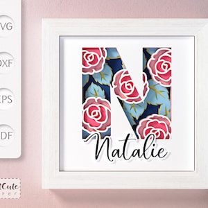 Plantilla SVG de caja de sombra con monograma floral letra N, decoración de pared recortada en papel en capas personalizable con SVG 3D, archivos de corte Sadowbox