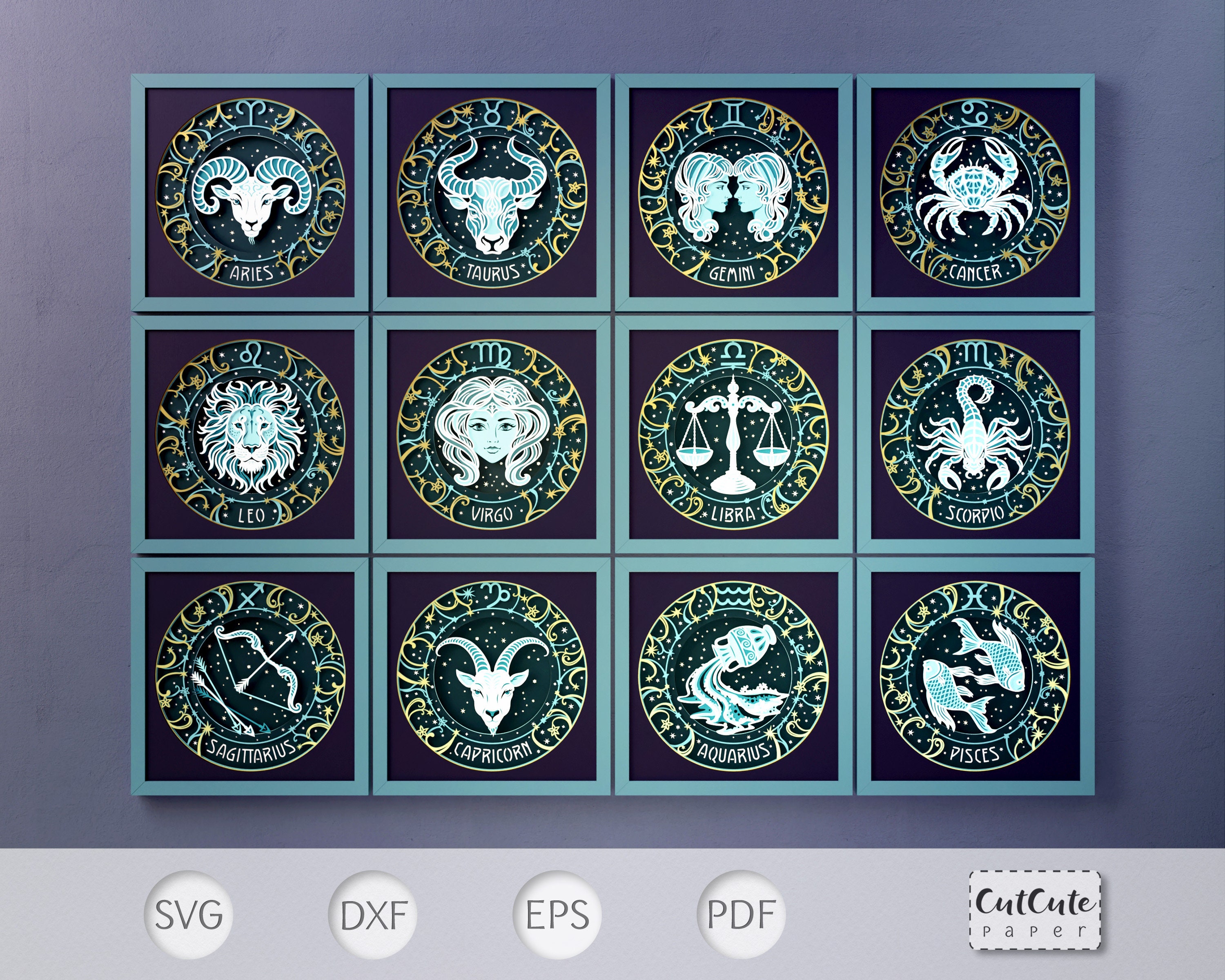 Zodiac Signs SVG Shadow Box Templates Bundle, All 12 Signs Stars, Astrology signs 3D SVG Shadow box, Celestial Cardstock Cut file for Cricut