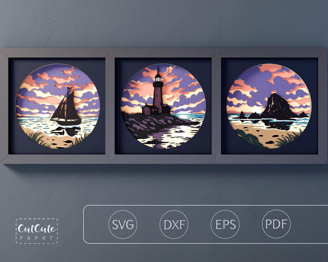Coastal Shadow Box SVG Bundle, Ocean Sunset Layered Paper Cut Files ...