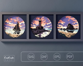 Coastal Shadow Box SVG Bundle, Ocean Sunset Layered Paper Cut Files, Lighthouse Boat Sea Rock SVG, Nautical Wall Art, Modular Frame Template