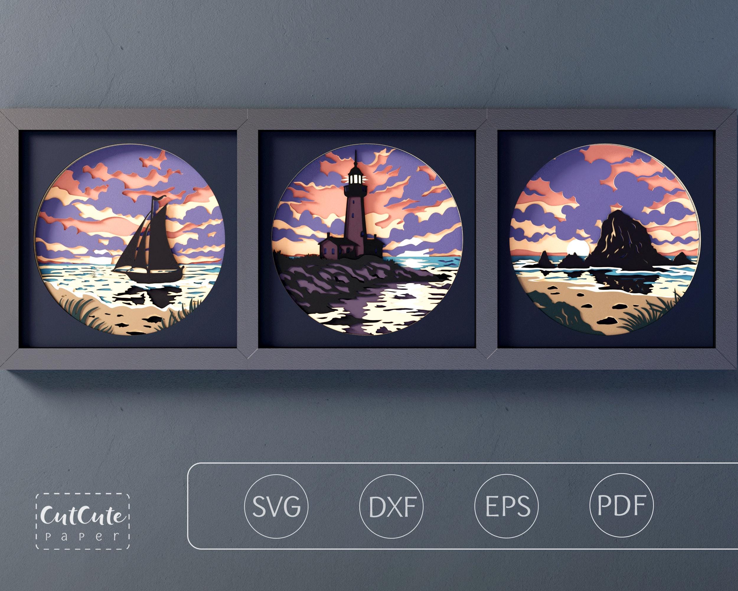 Coastal Shadow Box SVG Bundle, Ocean Sunset Layered Paper Cut Files ...