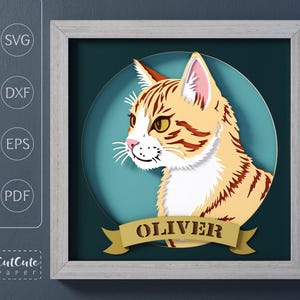 May include: A layered paper craft art piece featuring a ginger and white tabby cat profile inside a circular cutout. A gold banner at the bottom displays the name OLIVER in dark brown letters. The artwork is encased in a light gray wooden frame.