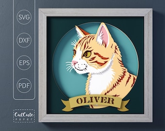 Tabby Cat Shadow Box SVG | Layered Pet Cat Portrait Template | Papercut File + Assembly Guide,