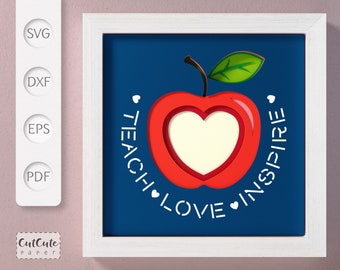 Apple for Teacher Shadow Box SVG Template, Teacher Appreciation Layered Paper Cut Gift DIY Shadowbox for Cricut and Silhouette Paper Crafts