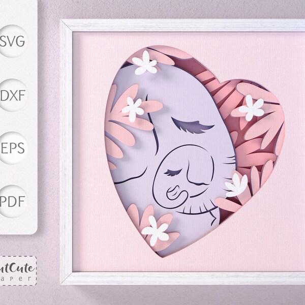 Elephant Mother and Baby Shadow Box SVG Template, Layered Paper Cut Nursery Wall Art Shadowbox for Cricut Silhouette, DIY Baby Shower Gift