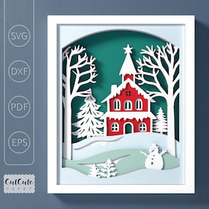 Christmas House SVG Cardstock Shadowbox Template, 3D Winter Landscape Paper Crafts Project for Cricut, Snowy Village SVG