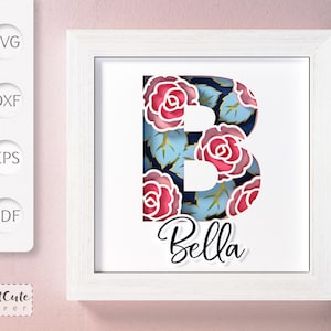 Plantilla SVG de caja de sombras con monograma floral letra B, decoración de pared recortada en papel en capas personalizable con SVG 3D, archivos de corte Sadowbox
