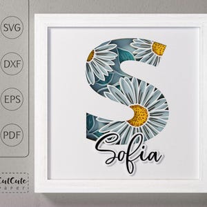 Plantilla SVG de caja de sombra con monograma floral letra S, decoración de pared recortada en papel en capas personalizable DIY con SVG 3D, archivos de corte de caja de sombra de margaritas