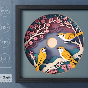 Modelo de caixa de sombra SVG de pássaros, caixa de sombra SVG de flores, árvore e lua 3D, papel cartão em camadas cortado para Cricut