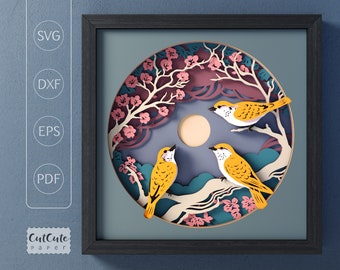 Birds SVG Shadow Box Template, Blossoms Tree and Moon 3D SVG Shadowbox, Layered Cardstock Paper Cut for Cricut