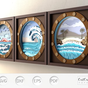 Lot mini-boîte Shadow Box vagues de l'océan, 3 modèles 3D SVG Shadowbox, décoration murale maison de plage bricolage, papier découpé pour Cricut à travers le hublot
