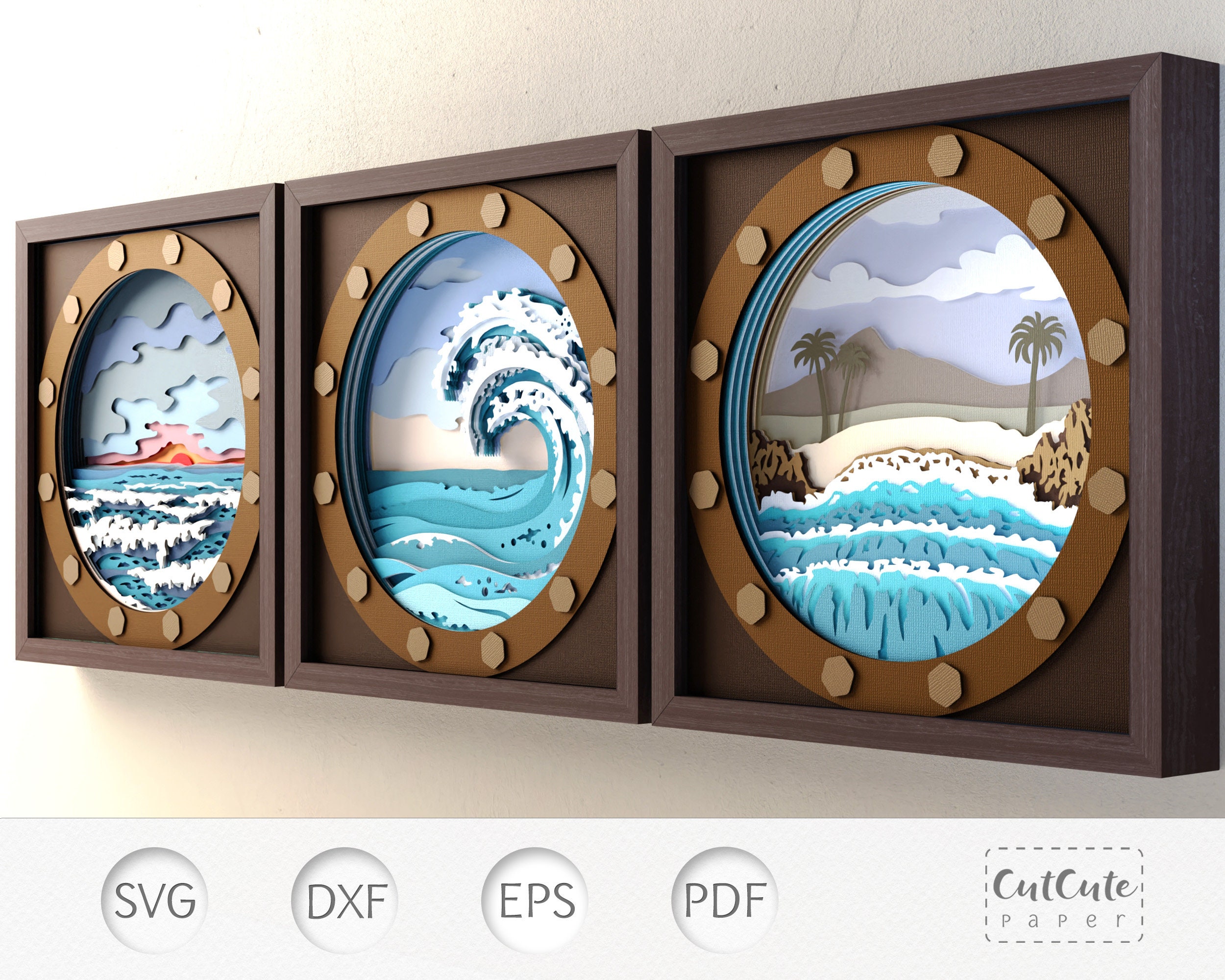 Ocean Waves Shadow Box Minibundle, 3D SVG Shadowbox 3 Templates, DIY Beach House Wall Décor, Paper Cut for Cricut Through the Porthole