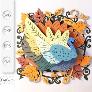Modèle de décoration murale Turquie en papier cartonné SVG, boîte d'ombre 3D SVG Thanksgiving, autonome 11,5 po et boîte d'ombre 9 po, projet de papier pour Cricut